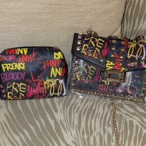 Chic Graffiti Print Crossbody Bag And Pouch Set - 2fer